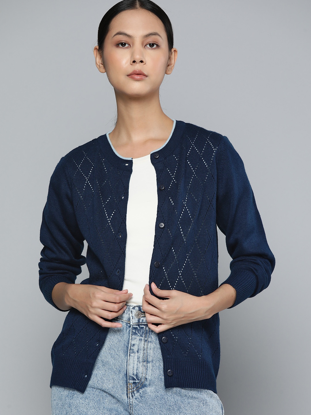 

ether Women Teal Green Acrylic Self-Design Open-Knit Cardigan