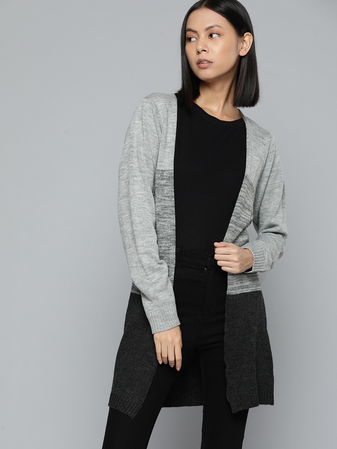 

ether Women Colourblocked Longline Front-Open Sweater, Grey melange