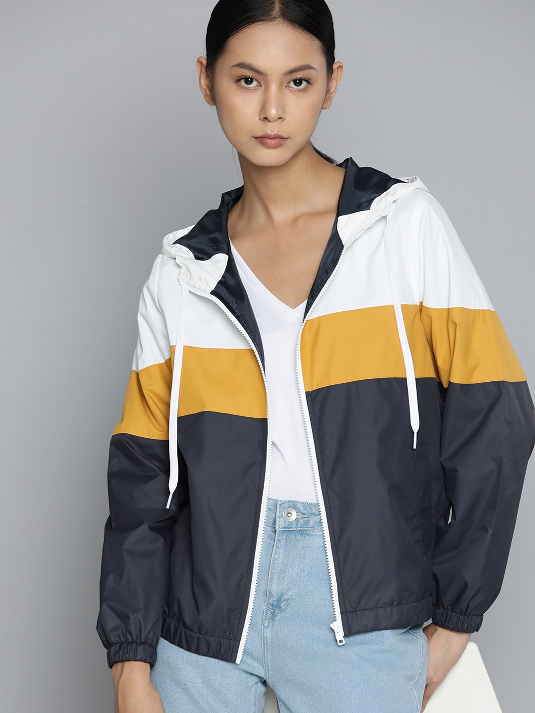 

ether Women Navy Blue & White Striped Bomber Jacket