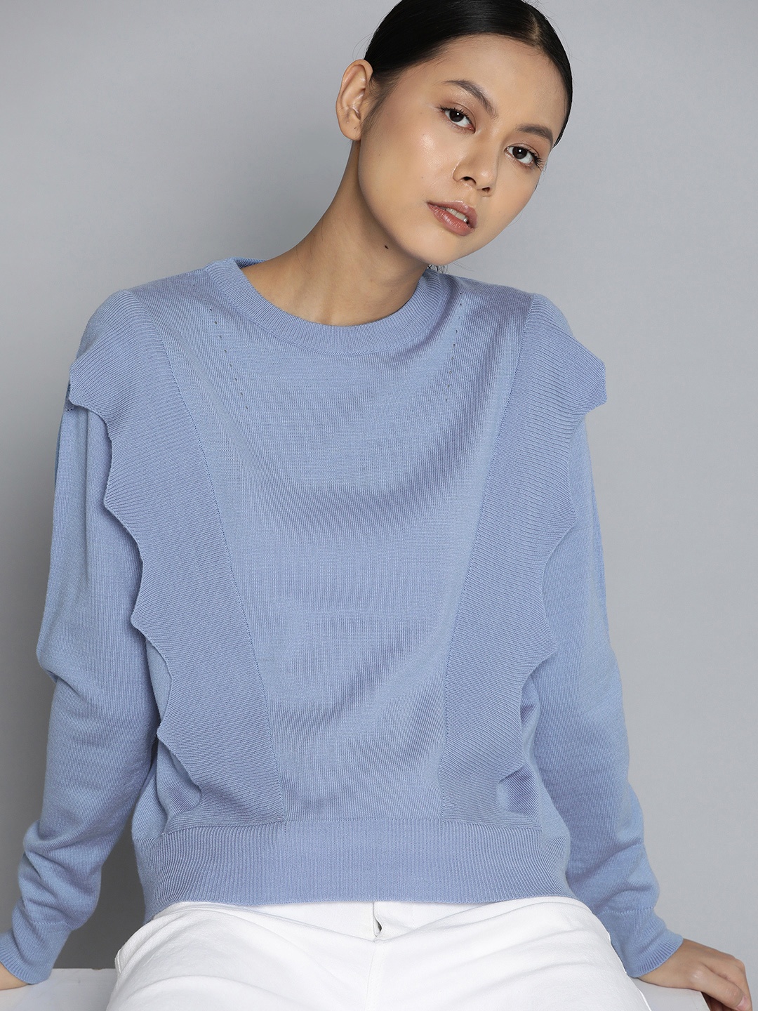 

ether Women Blue Solid Ruffled Detail Pullover
