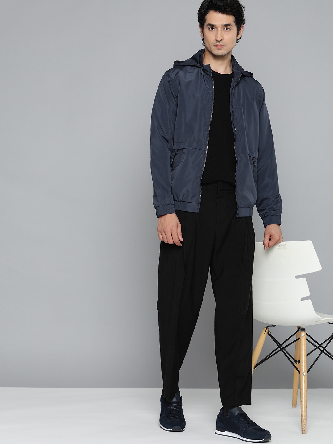 

ether Men Navy Blue Solid Hooded Tailored Jacket