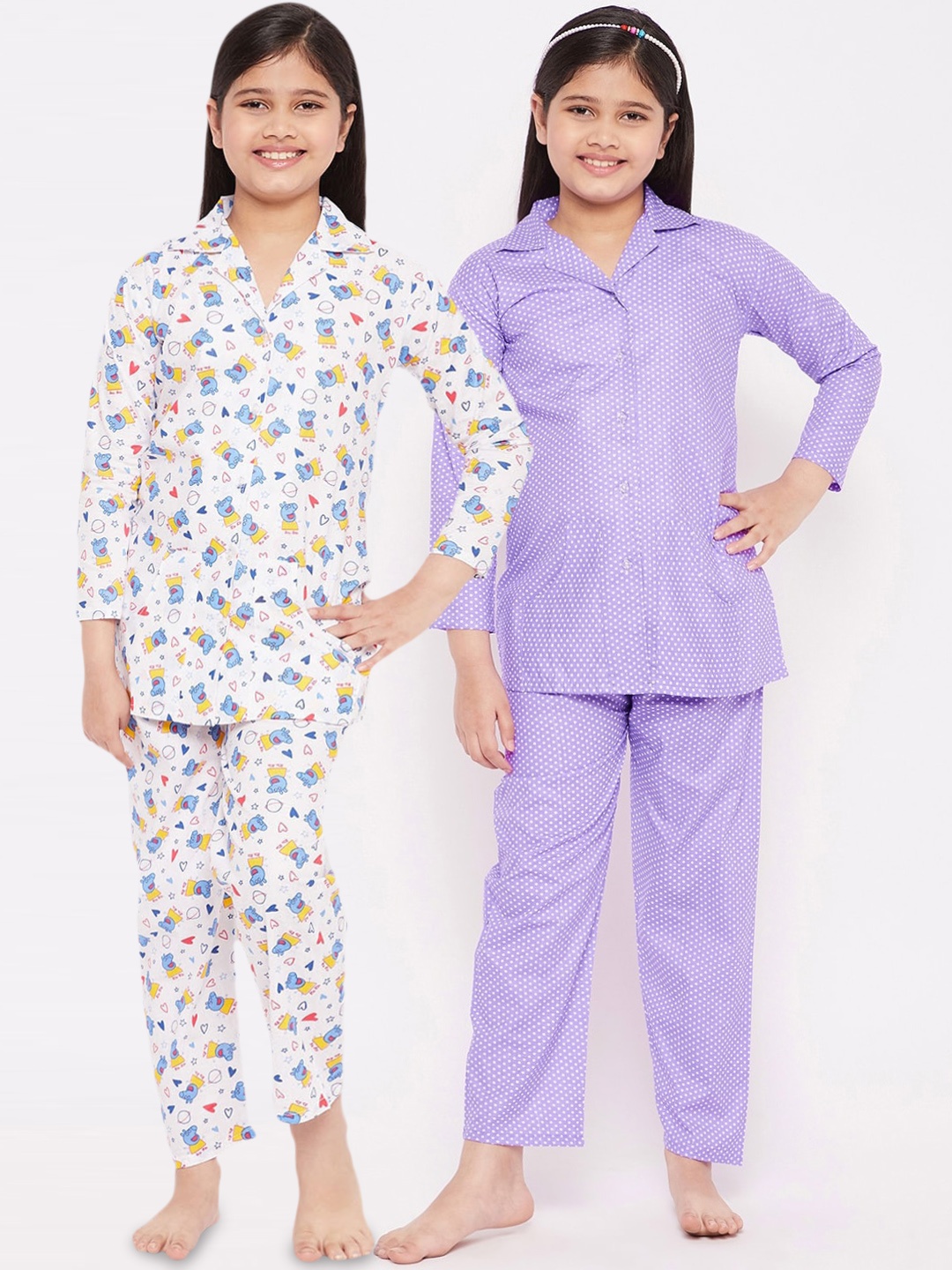 

KYDZI Girls Lavender & White Printed Pure Cotton Night suit Pack Of 2
