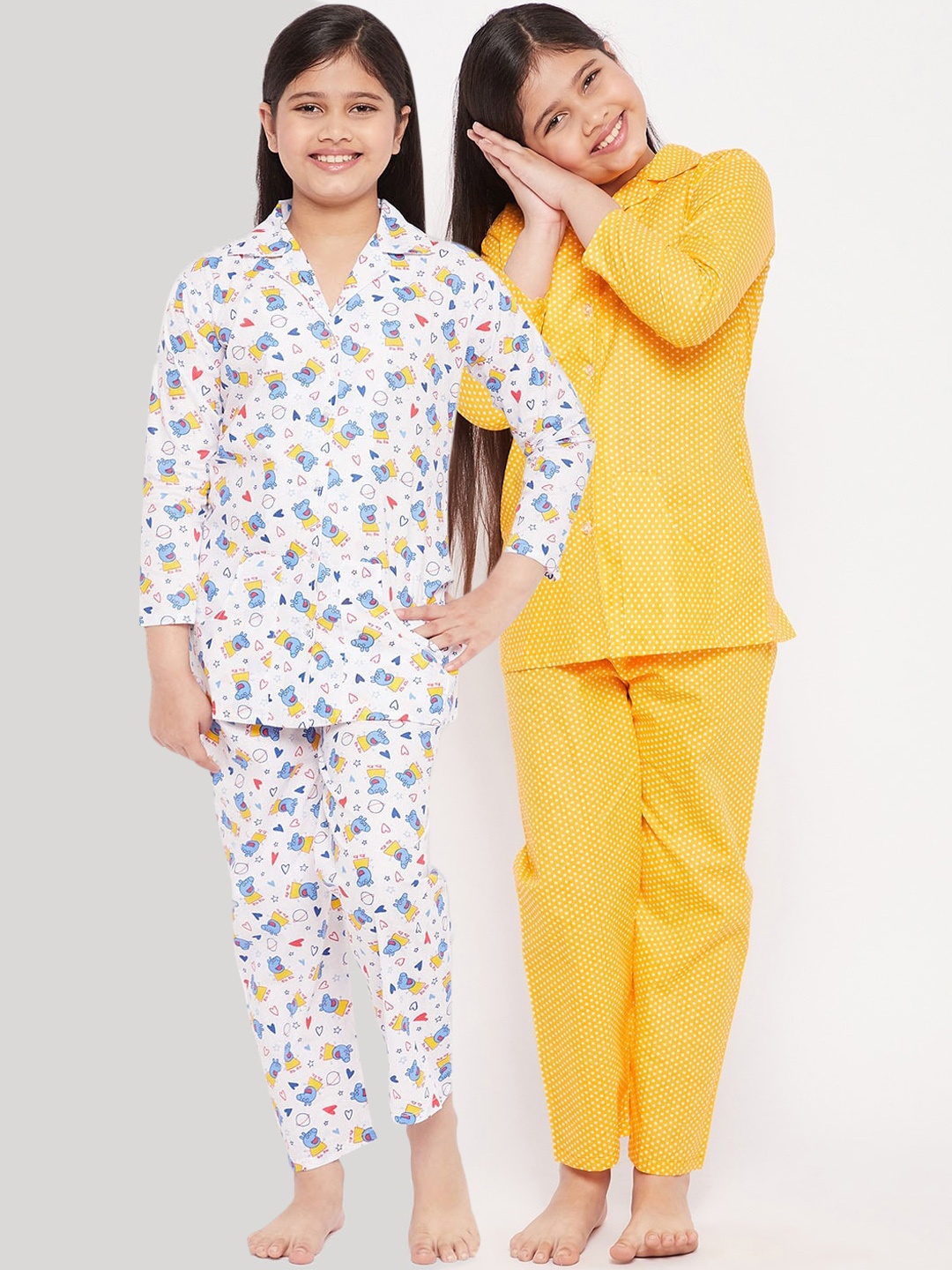 

KYDZI Girls Pack of 2 White & Yellow Printed Cotton Night suits