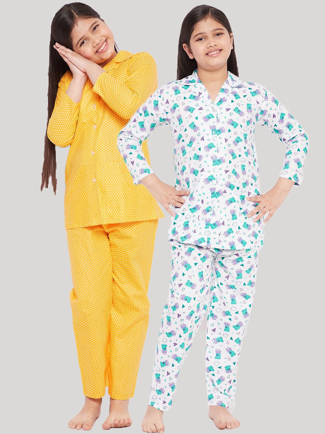 

KYDZI Girls White & Yellow Printed Night suit