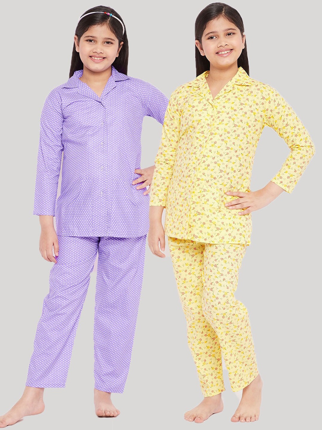 

KYDZI Girls Pack of 2 Yellow & Purple Printed Cotton Night suits