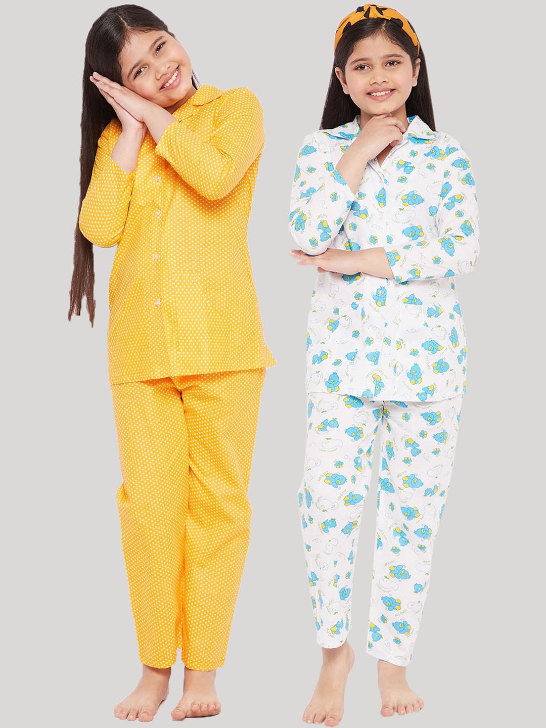 

KYDZI Girls Yellow & White Printed Pure Cotton Night suit Pack Of 2