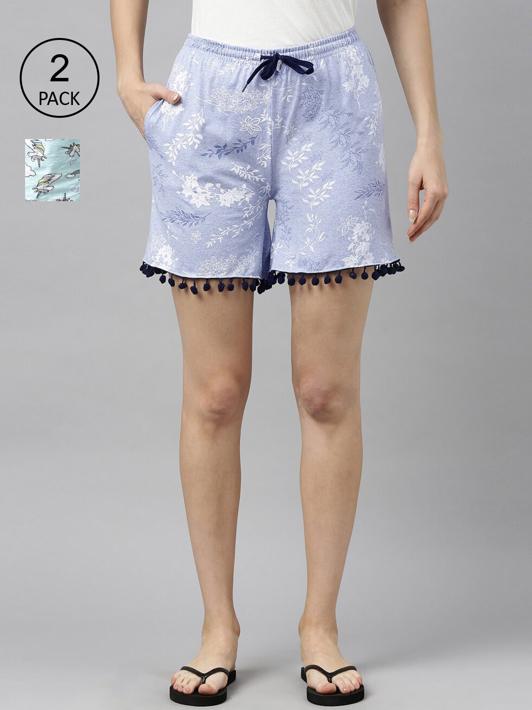 

Kryptic Pack of 2 Women Blue Floral Printed Cotton Shorts