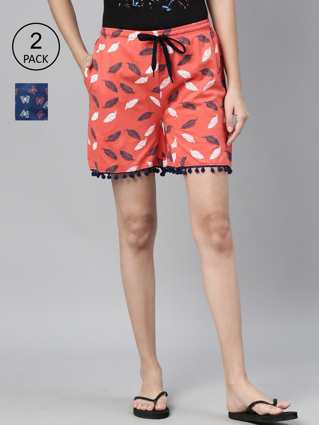 

Kryptic Women Set of 2 Graphic Printed Cotton Shorts, Orange