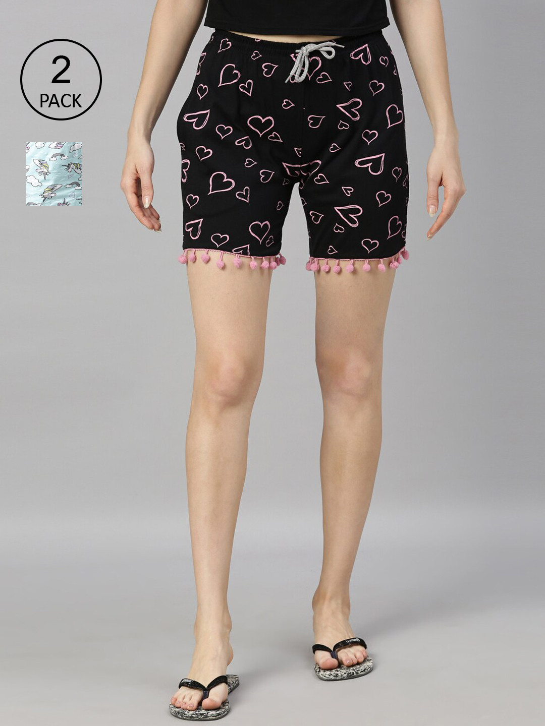 

Kryptic Women Pack of 2 Conversational Printed 100% Cotton Shorts, Black