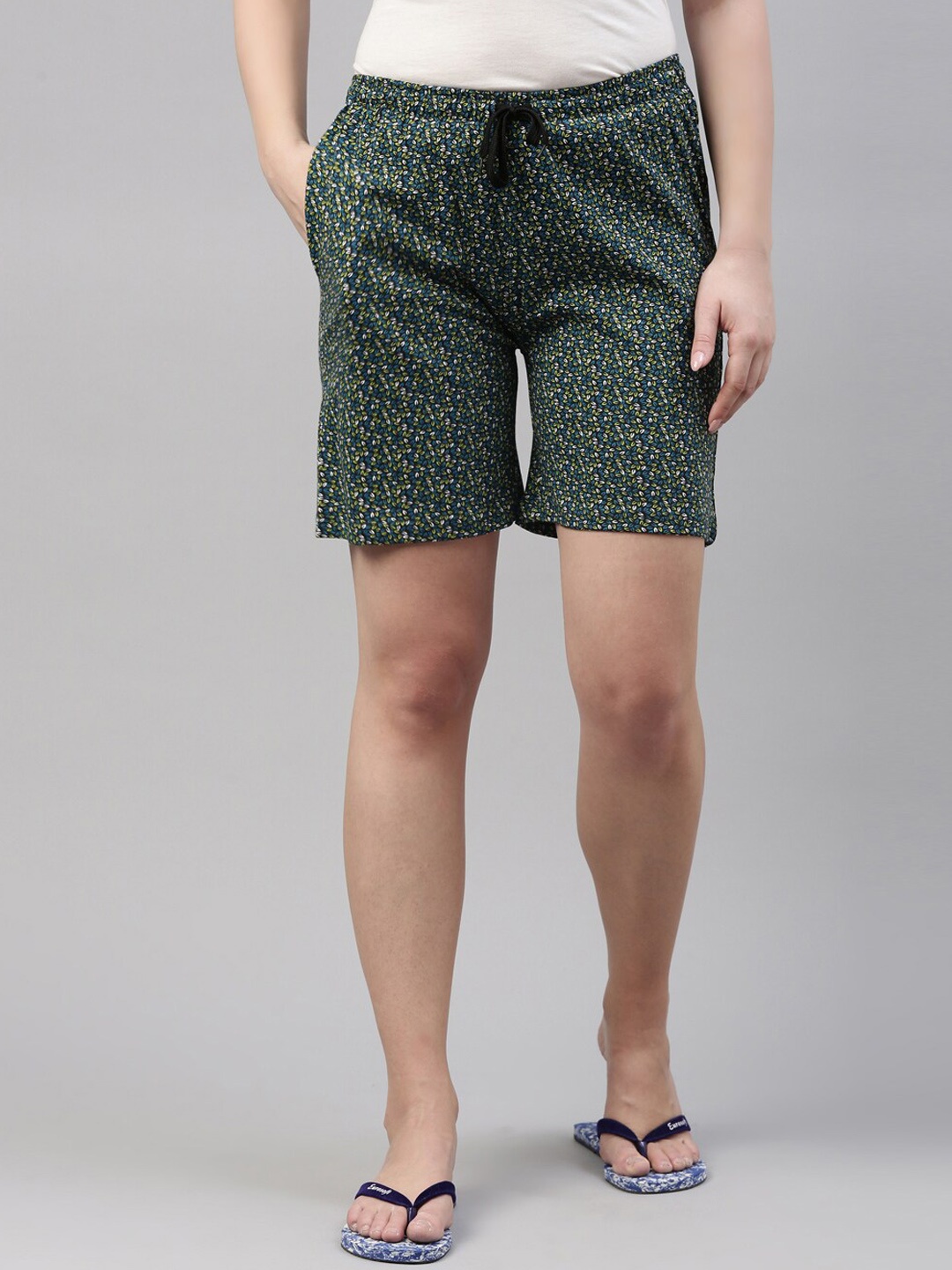 

Kryptic Women Olive Green & Turquoise Blue Set Of 2 Printed Shorts