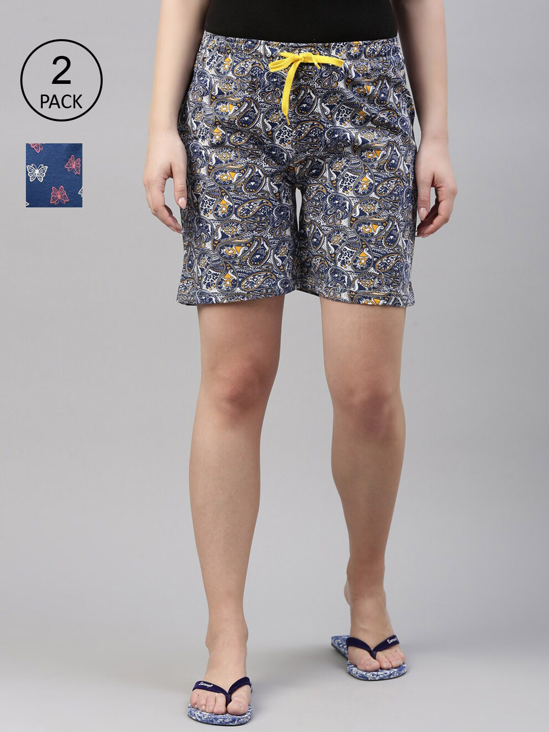 

Kryptic Women Blue and Grey Combo Pack of 2 Printed 100% Cotton Regular Shorts