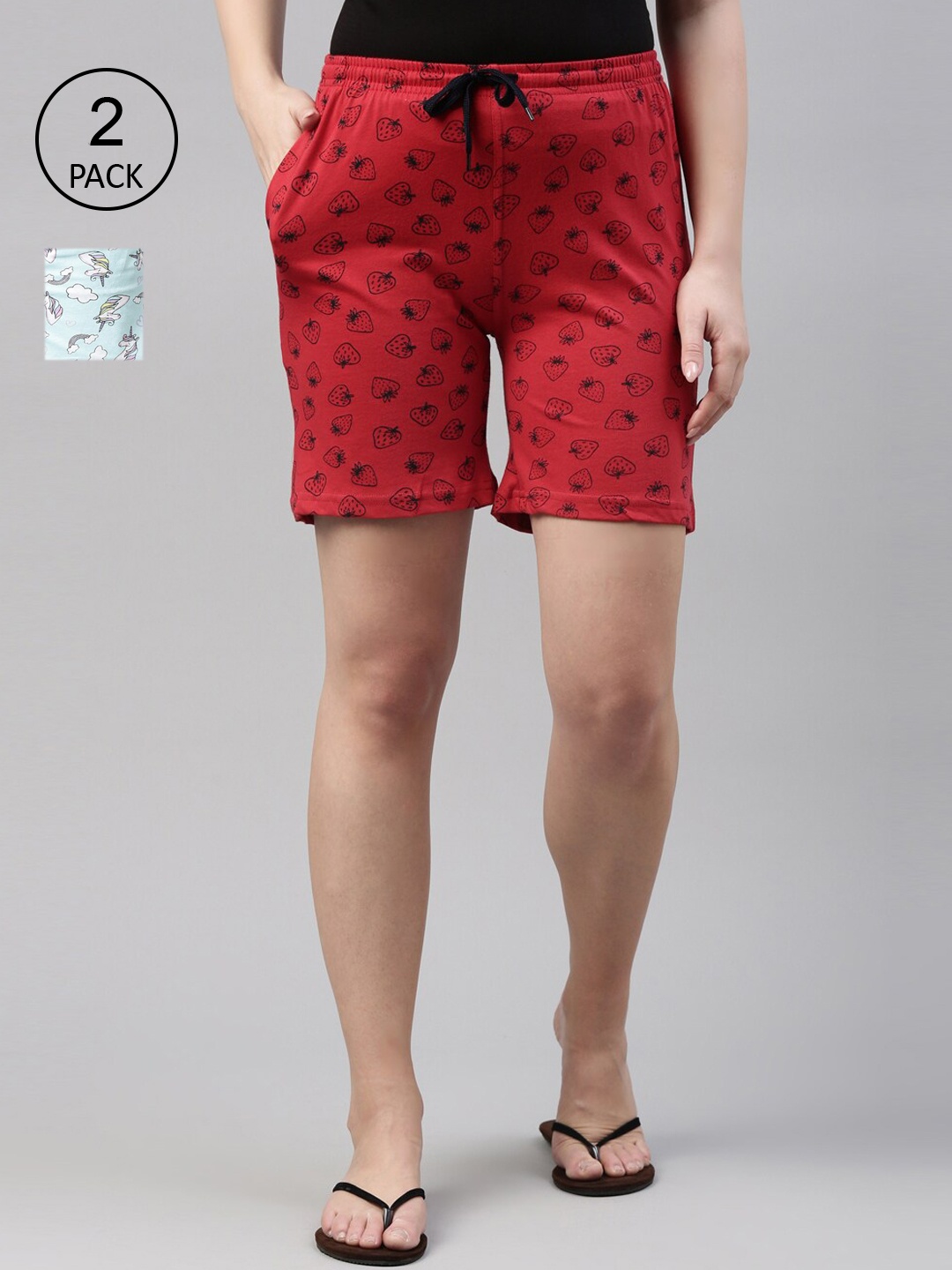 

Kryptic Women Pack of 2 Conversational Printed 100% Cotton Shorts, Red