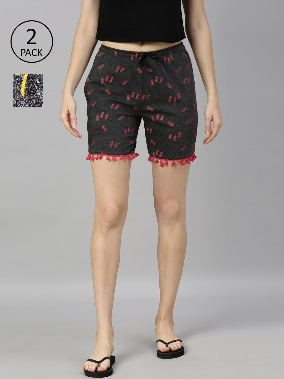

Kryptic Women Pack of 2 Printed Pure Cotton Lounge Shorts, Charcoal
