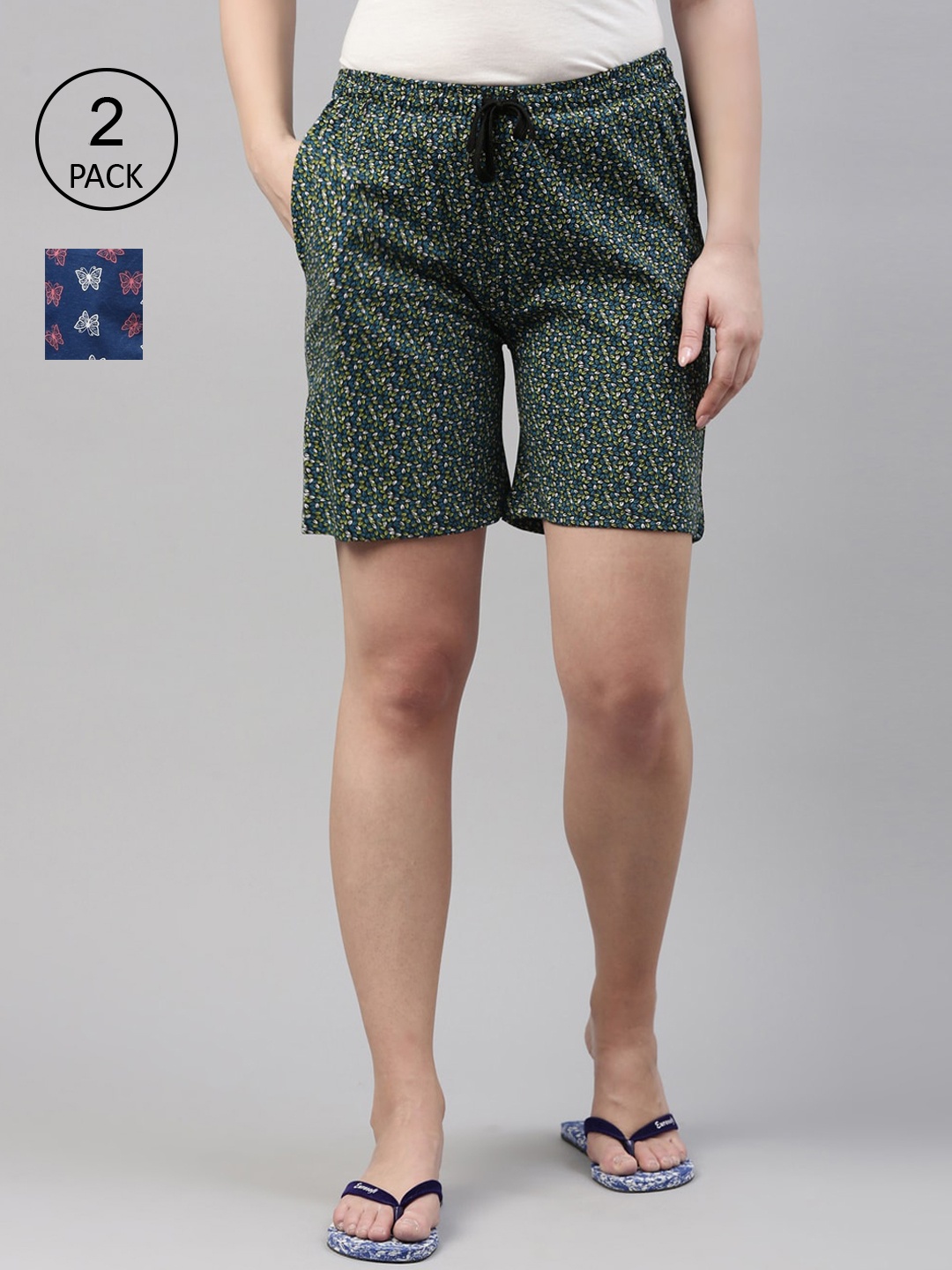 

Kryptic Women Blue Combo Pack of 2 Printed 100% Cotton Regular Shorts