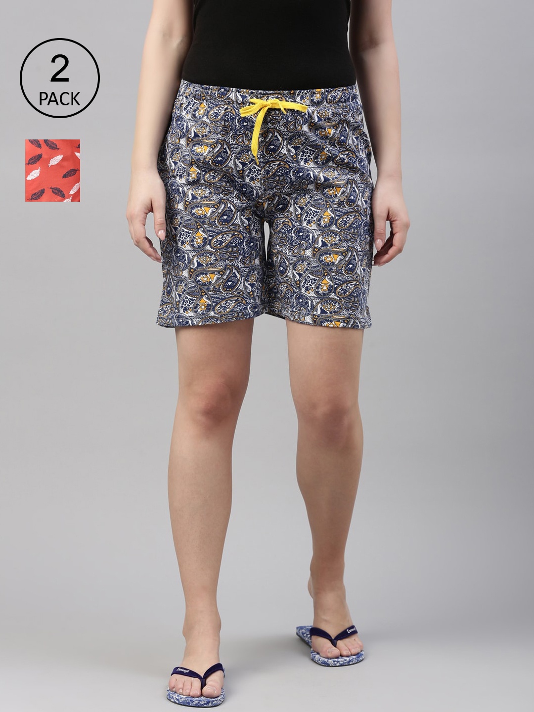 

Kryptic Women Pack of 2 Conversational Printed 100% Cotton Shorts, Orange