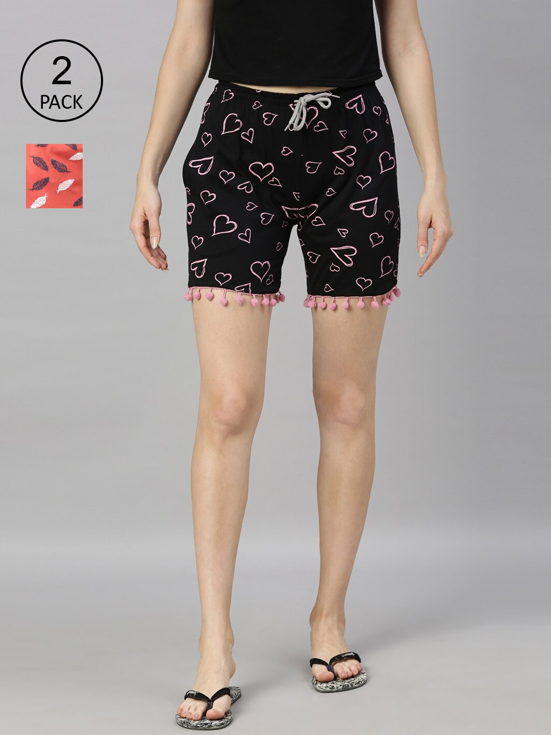 

Kryptic Women Pack of 2 Black & Orange Printed Lounge Shorts