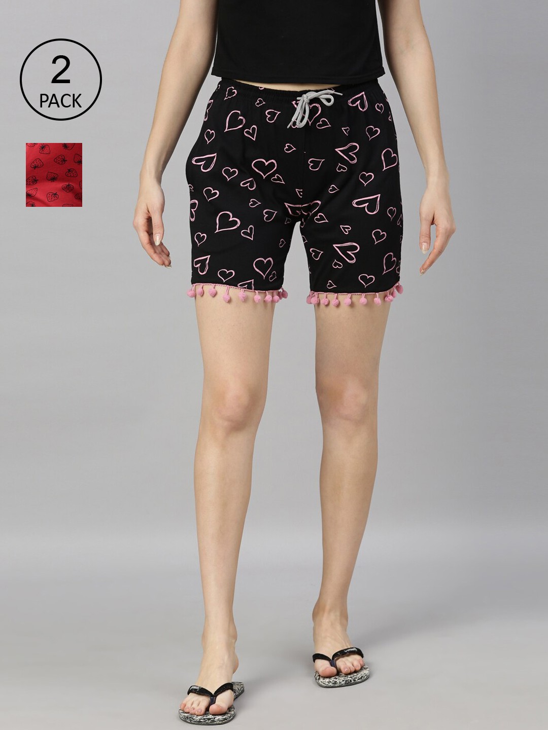 

Kryptic Women Pack of 2 Printed Pure Cotton Lounge Shorts, Black