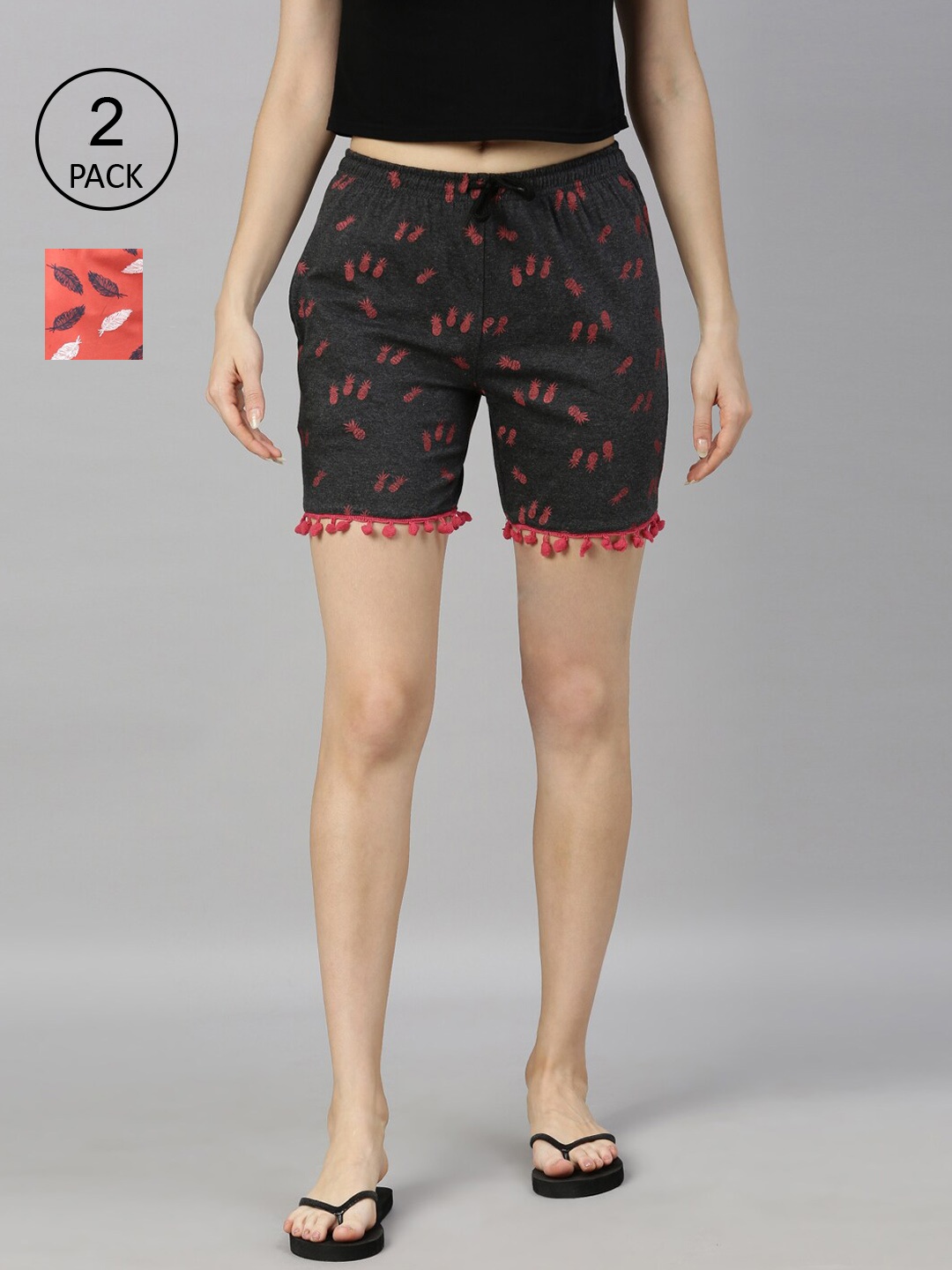 

Kryptic Pack of 2 Women Orange Floral Printed Cotton Shorts