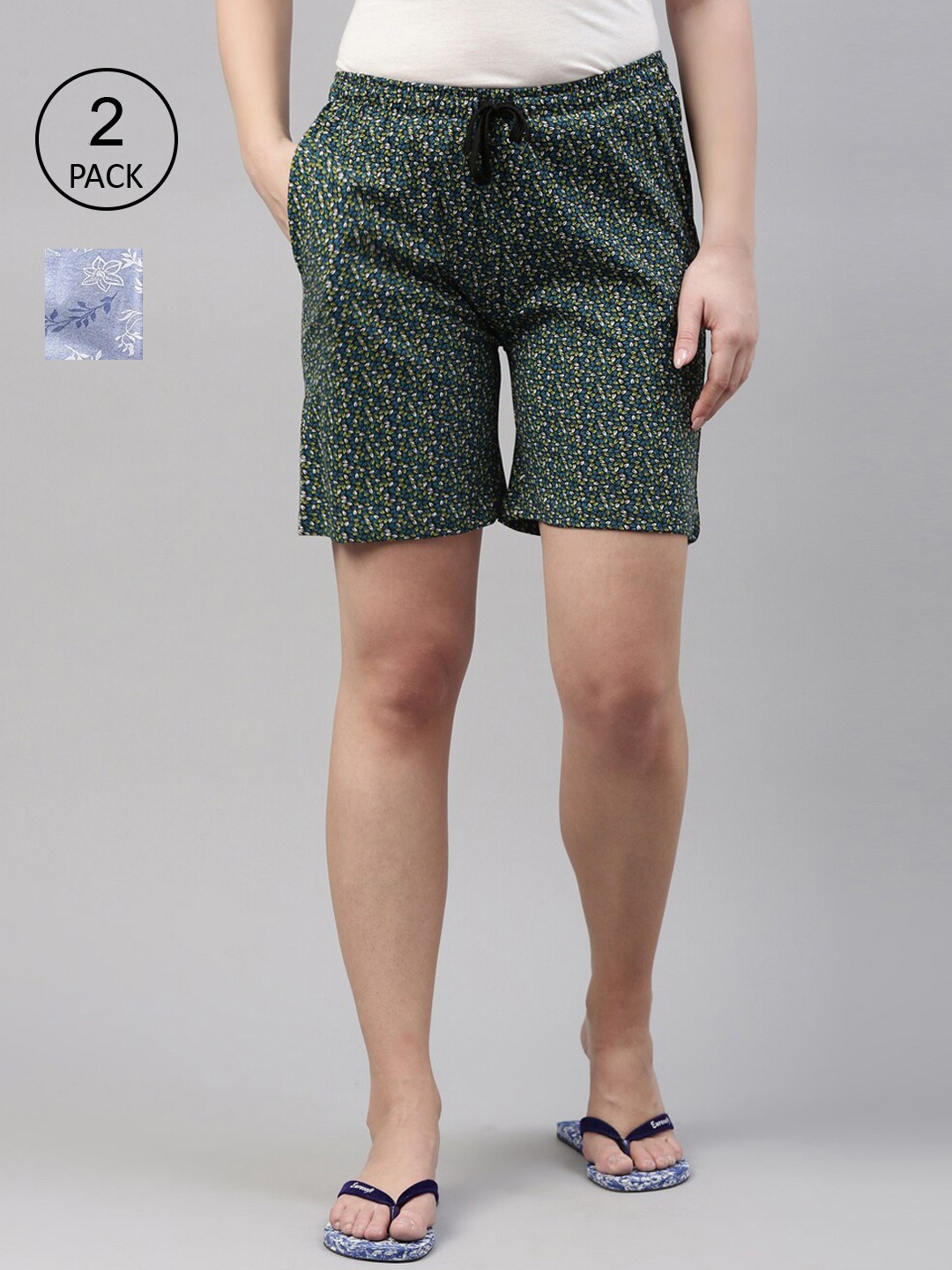 

Kryptic Women Blue and Green Combo Pack of 2 Printed 100% Cotton Regular Shorts