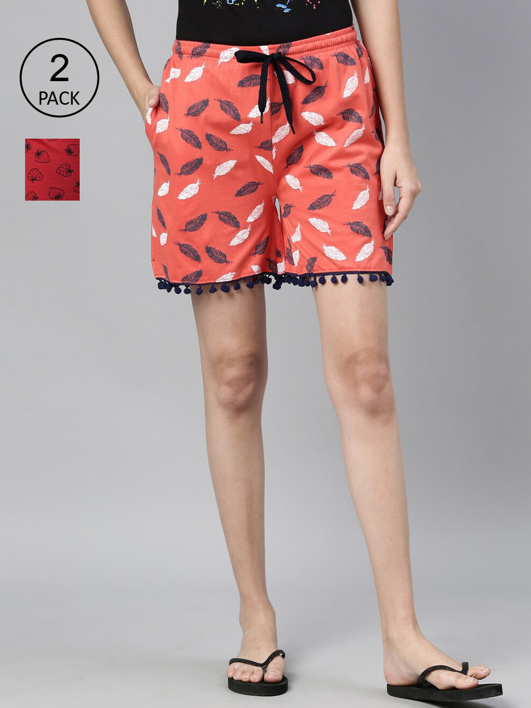 

Kryptic Women Set Of 2 Orange & Red Printed Shorts