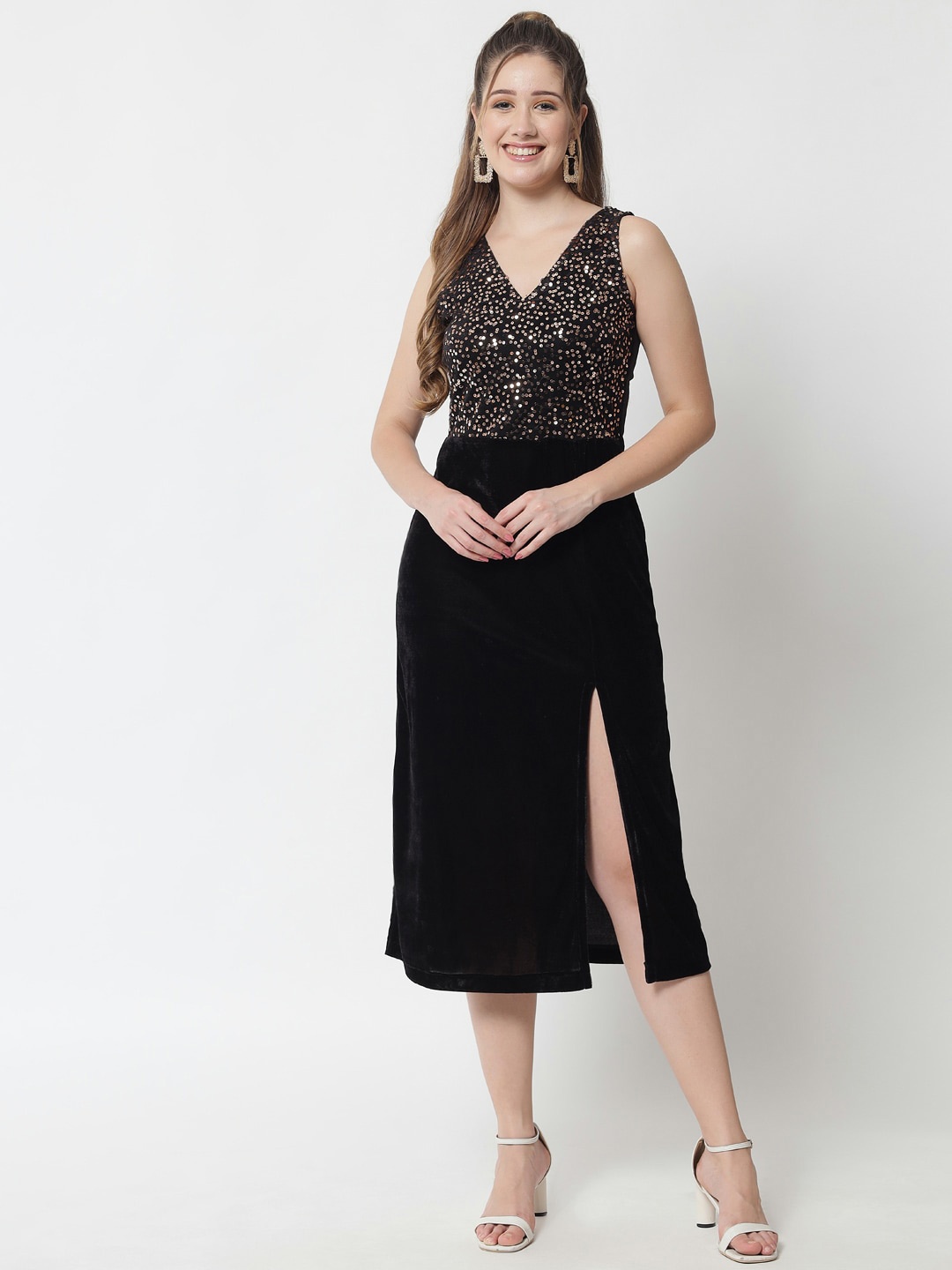 

Trend Arrest Black Embellished Velvet A-Line Midi Dress