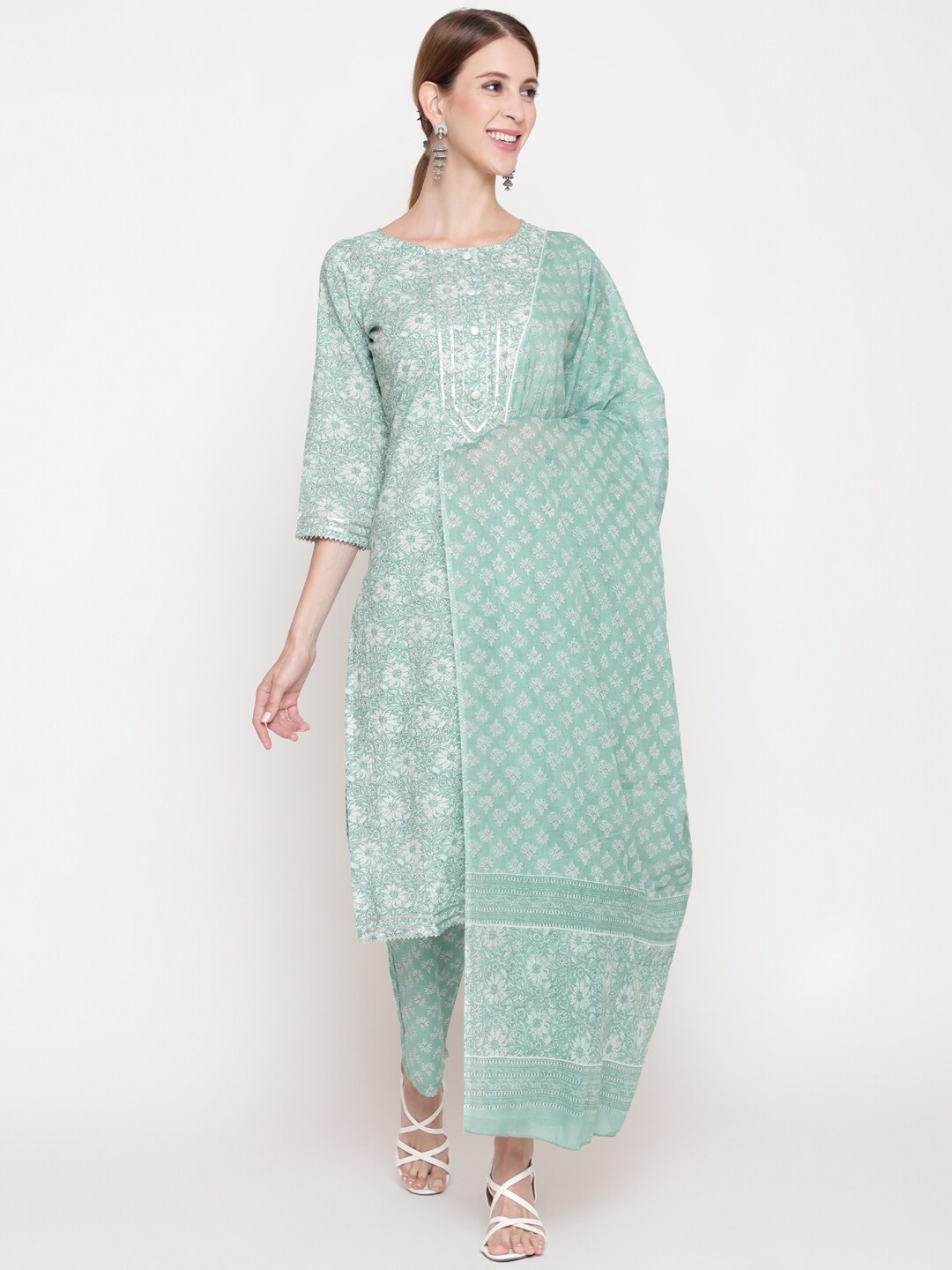 

THE NKS PLUS Women Green & Off White Printed Pure Cotton Kurta with Palazzos With Dupatta
