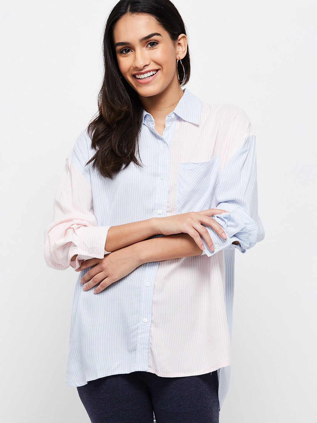 

max Women White Striped High-Low Casual Shirt