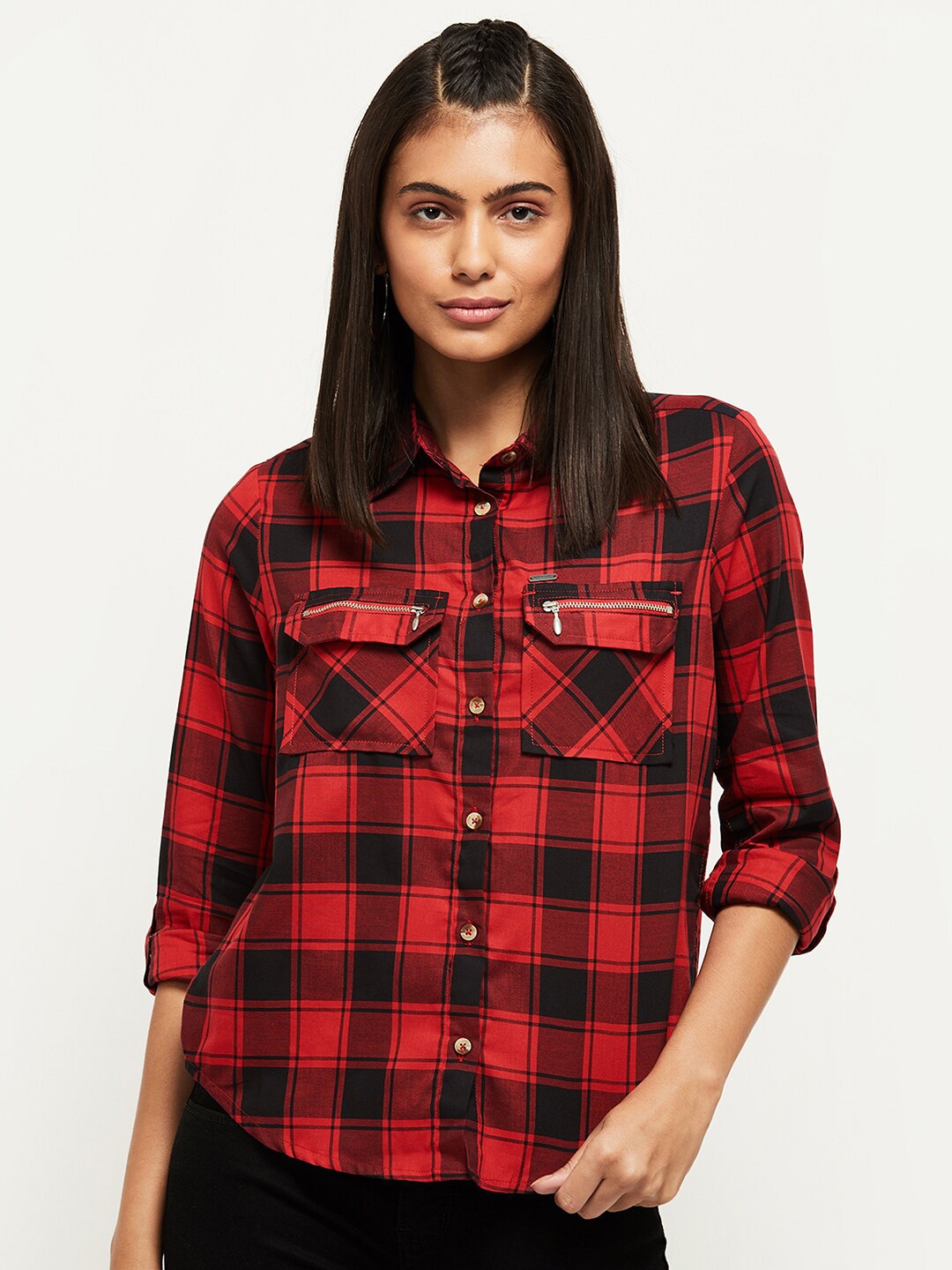 

max Women Red Tartan Checks Casual Shirt