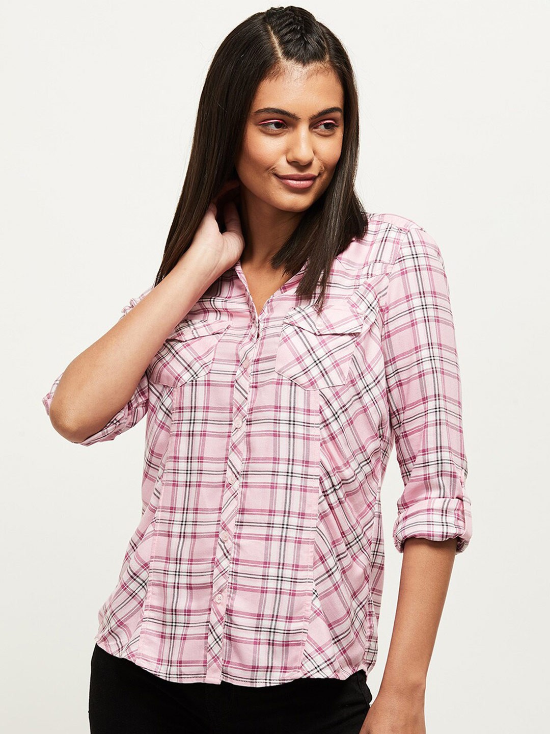 

max Women Pink Checked Casual Shirt