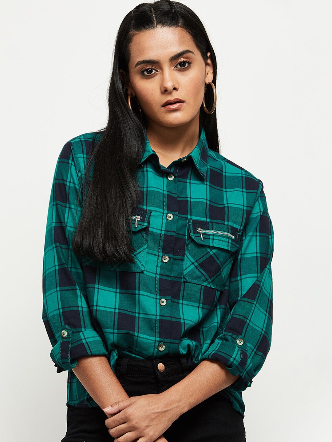 

max Women Blue Tartan Checks Casual Shirt