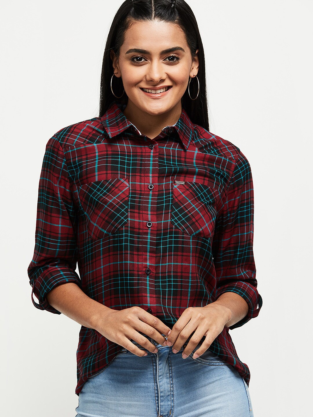 

max Women Red Tartan Checks Casual Shirt