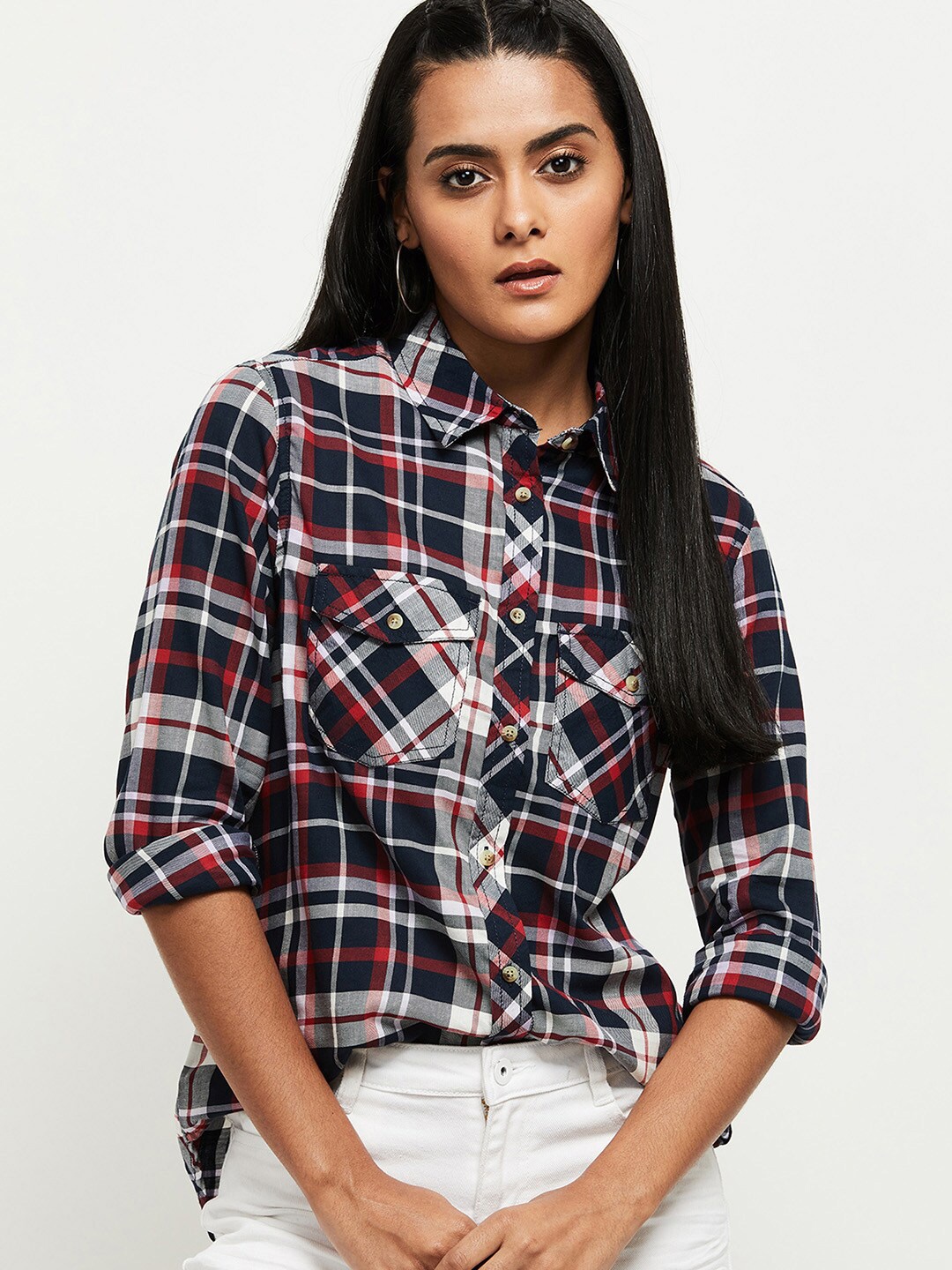 

max Women Blue Tartan Checks Casual Shirt