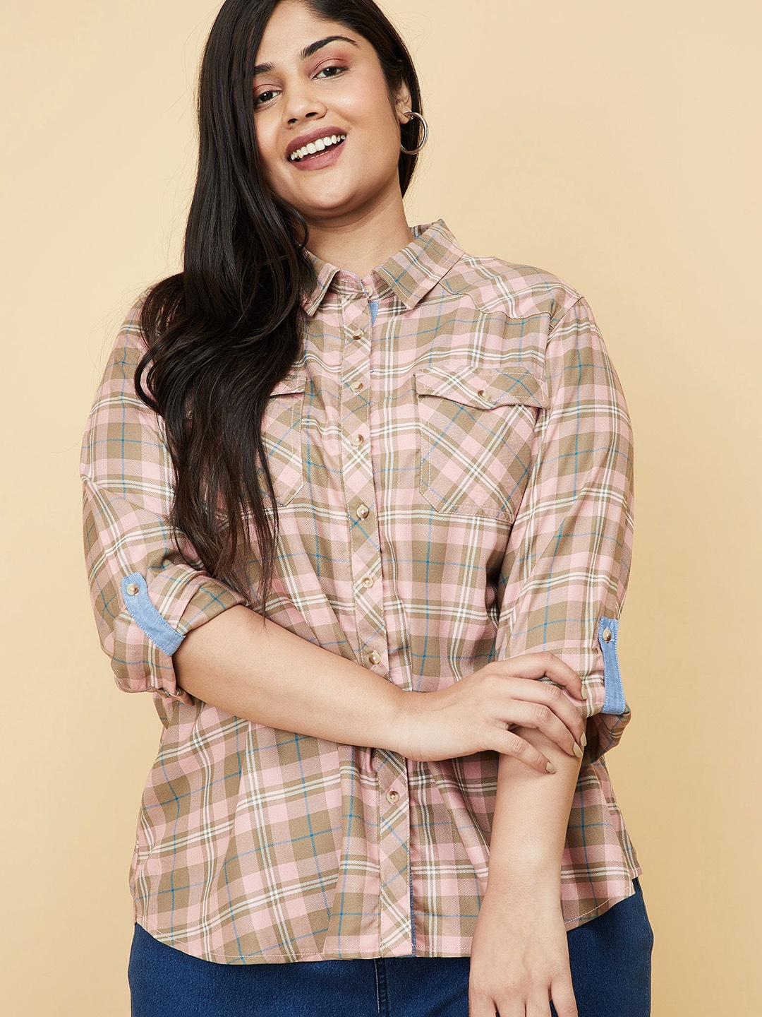 

max Women Peach-Coloured Tartan Checks Casual Shirt