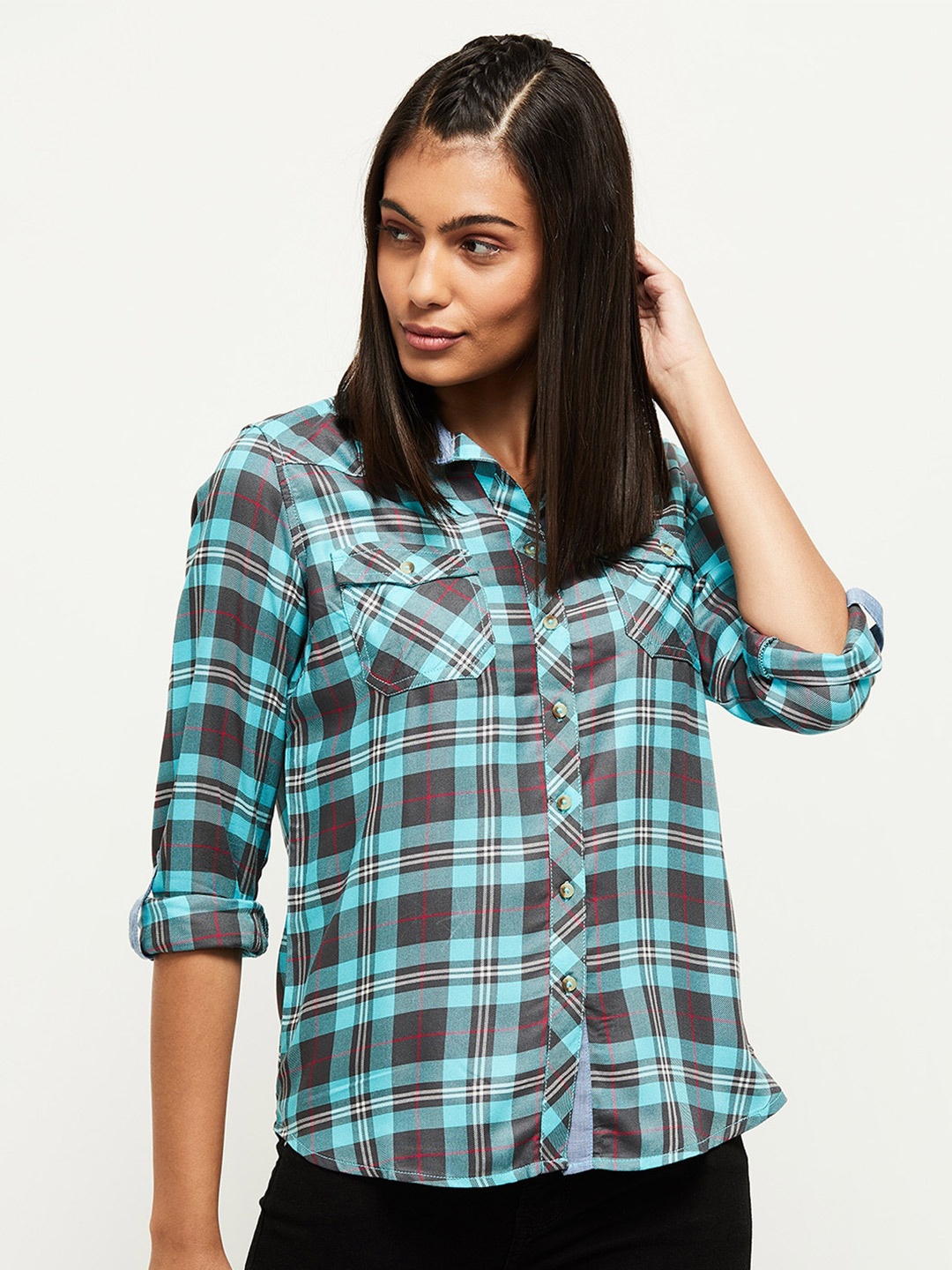 

max Women Blue Tartan Checks Checked Casual Shirt