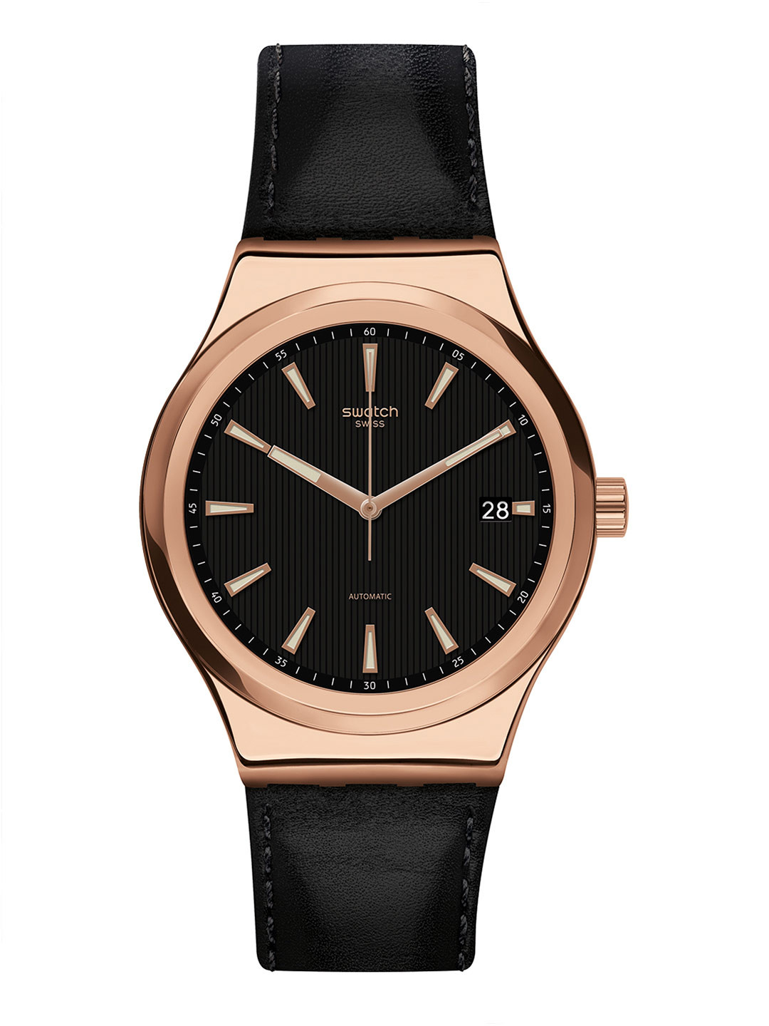 

Swatch Unisex Gold-Toned Dial & Black Leather Straps Analogue Watch
