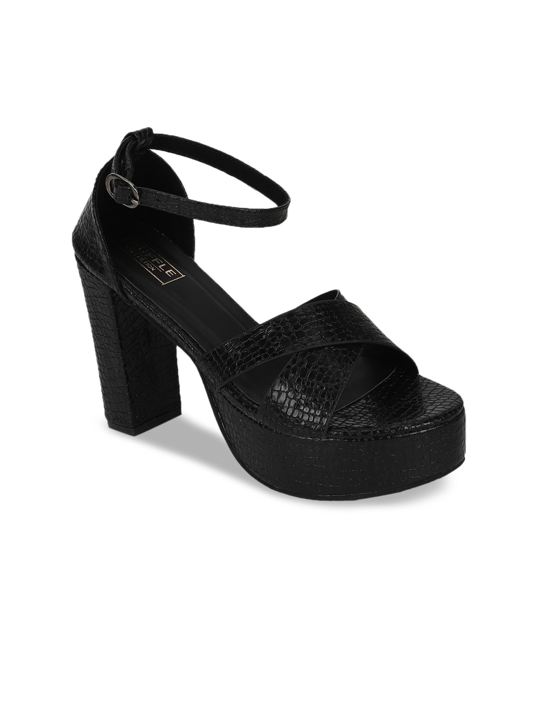 

Truffle Collection Black Textured PU Block Sandals with Buckles