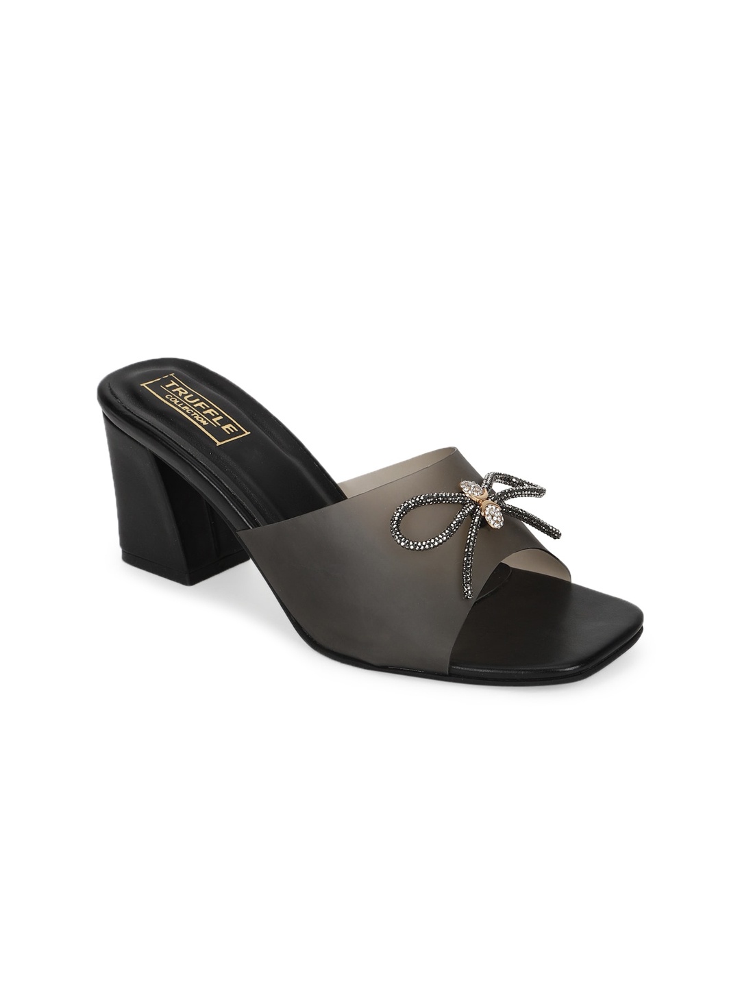 

Truffle Collection Black PU Block Mules with Tassels