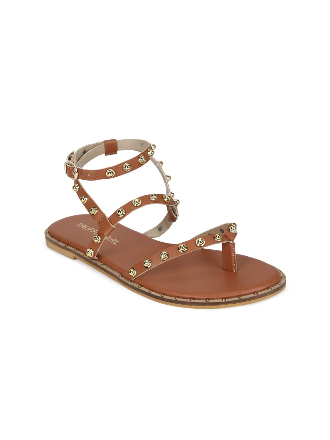 

Truffle Collection Women Tan Embellished T-Strap Flats