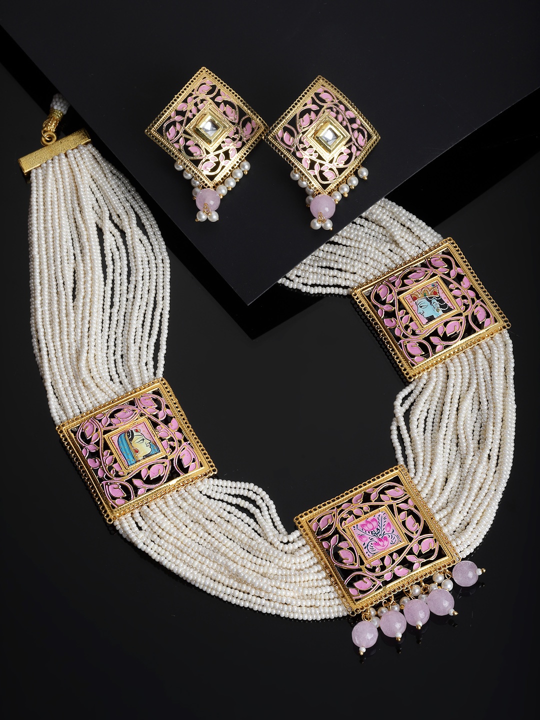 

PANASH Women Gold-Plated White & Pink Pearl Beaded Choker Jewellery Set
