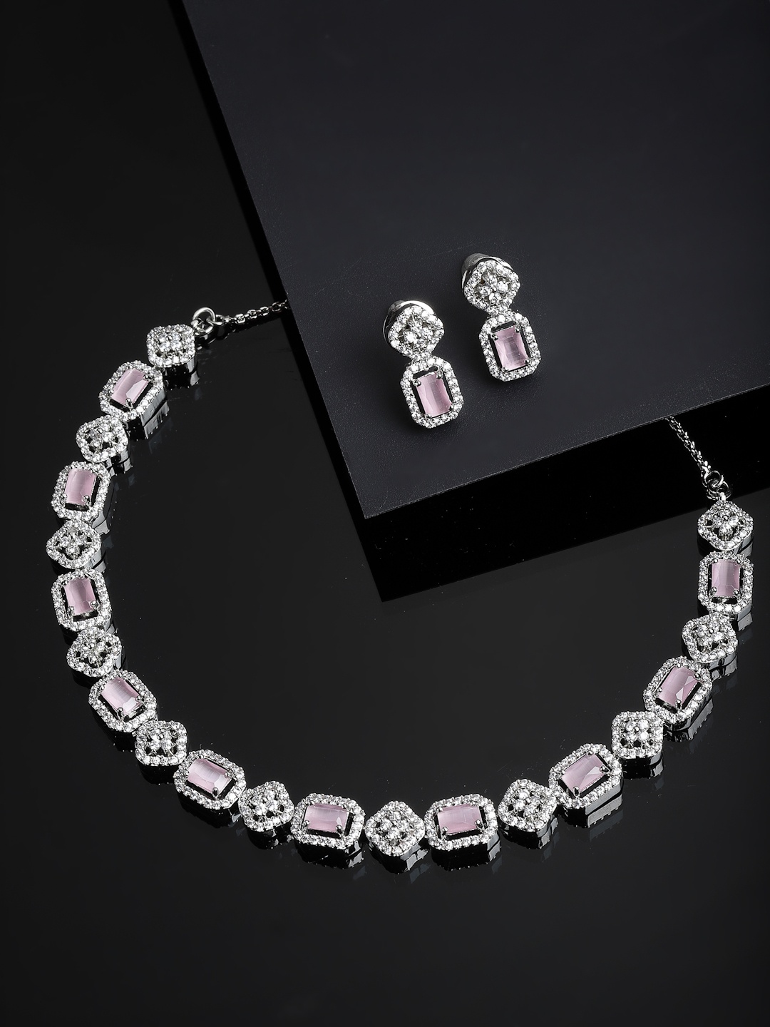 

PANASH Women Rhodium-Plated Silver-Toned & Pink AD Studded Jewellery Set