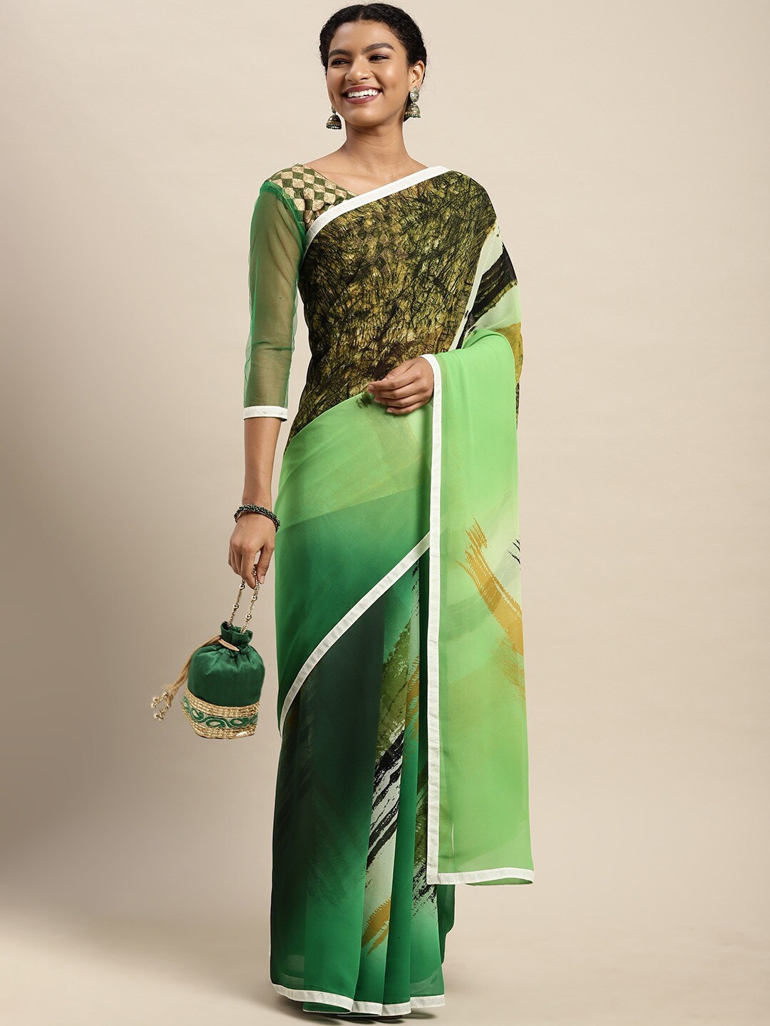 

Shaily Green & Orange Printed Pure Georgette Saree