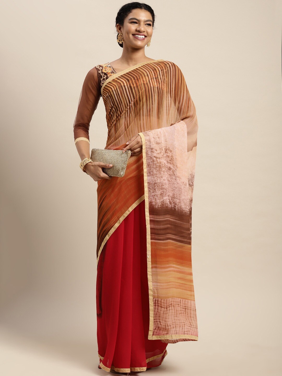 

Shaily Red & Cream-Coloured Printed Zari Pure Georgette Saree