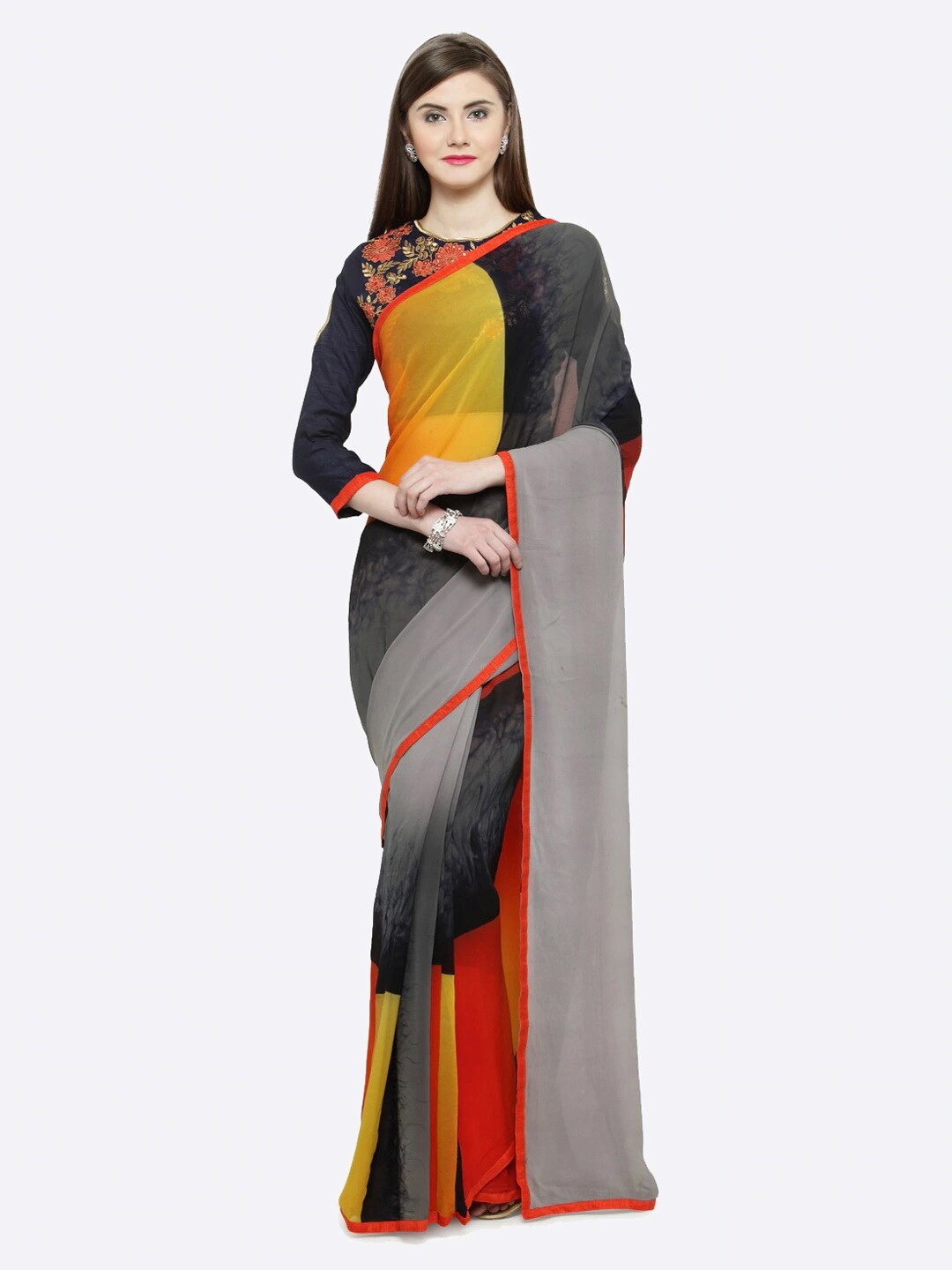 

Shaily Yellow & Grey Colourblocked Pure Georgette Saree