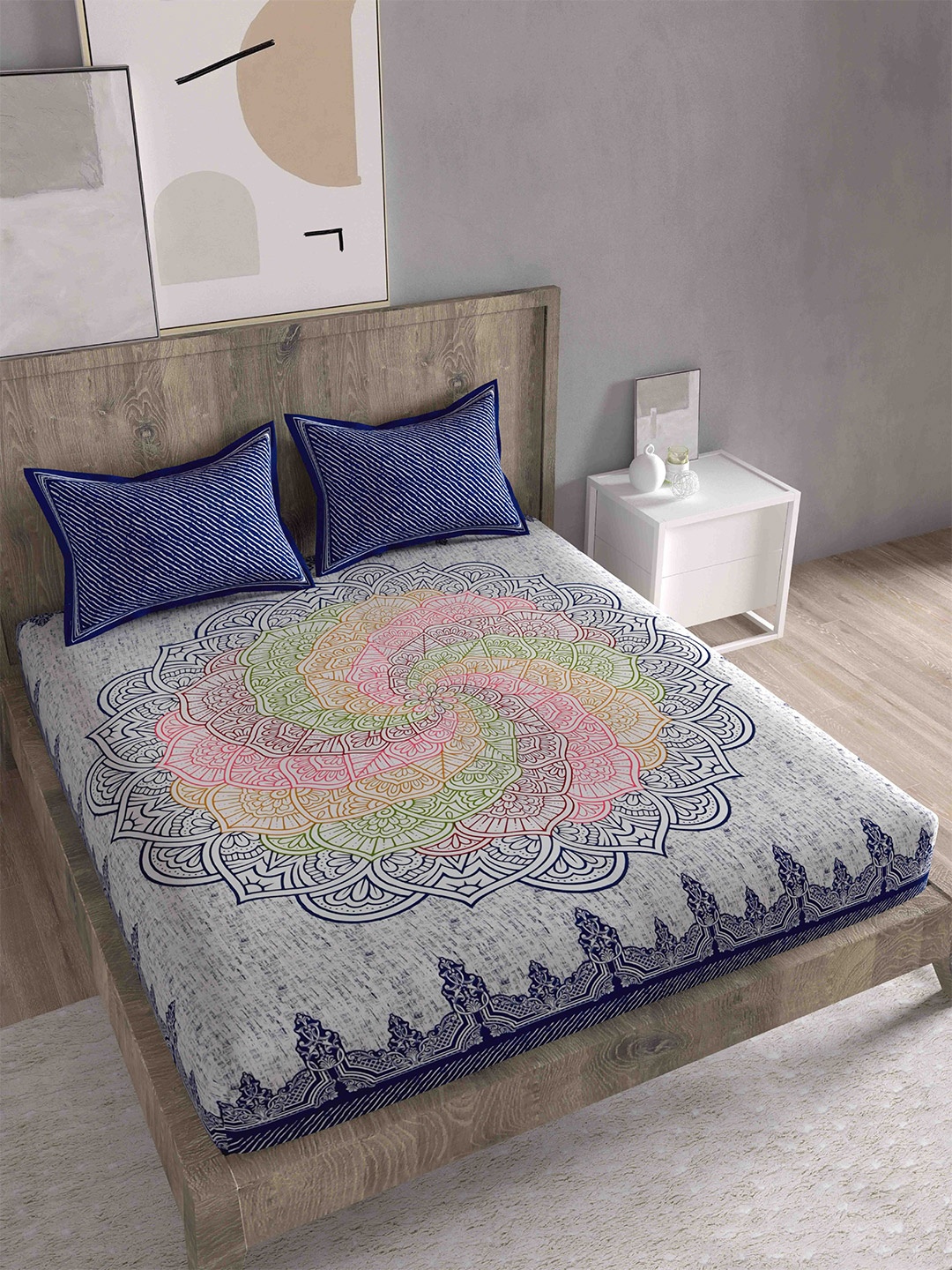 

Spangle Blue & Grey Ethnic Motifs 260 TC King Bedsheet with 2 Pillow Covers