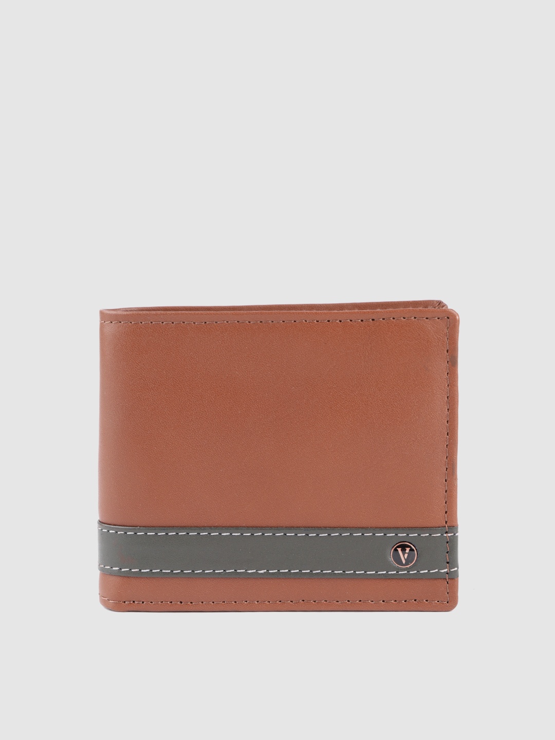 

Van Heusen Men Tan Brown & Olive Green Solid Leather Two Fold Wallet with Striped Detail