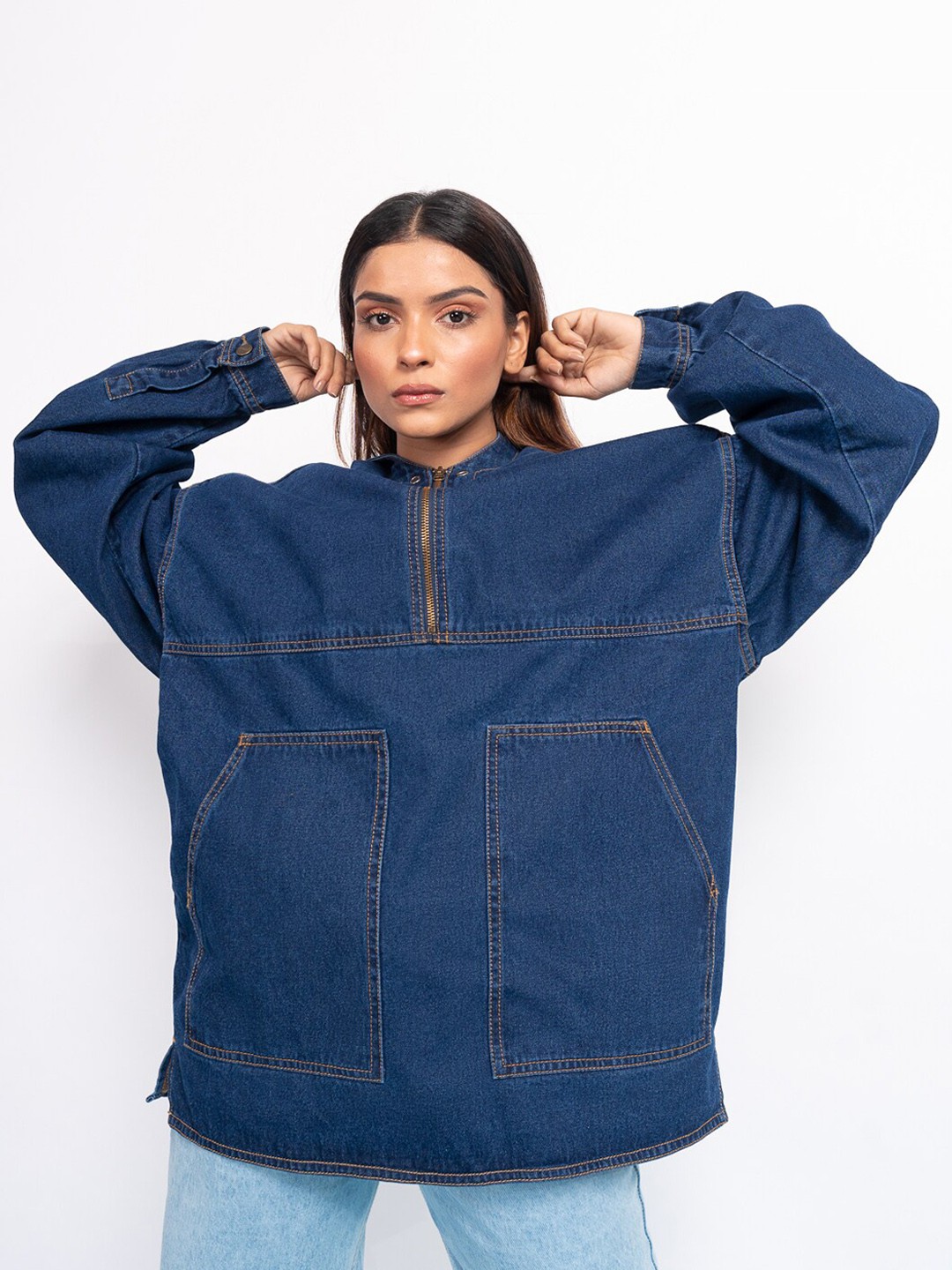 

FREAKINS Women Blue Colourblocked Longline Sporty Jacket with Embroidered