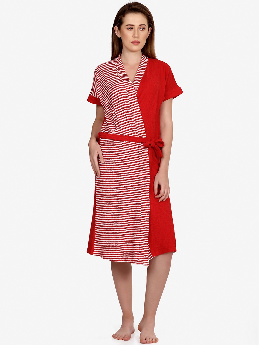 

Sand Dune Women Red & White Striped Pure Cotton Bath Robe
