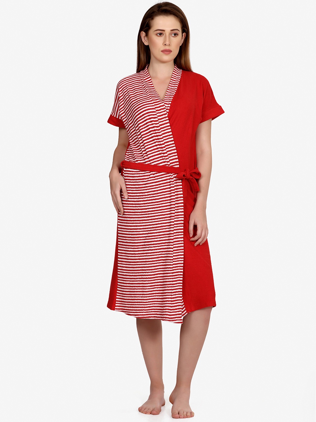 

Sand Dune Women Red & White Striped Pure Cotton Bathrobe