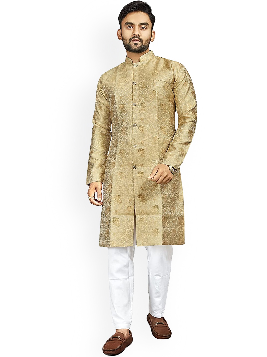 

amzira Men Golden Printed Sherwani, Gold