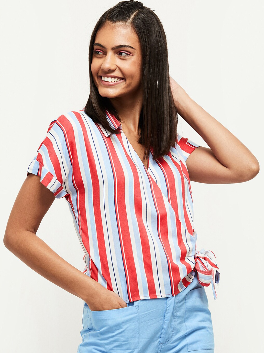 

max Pink & Blue Striped Extended Sleeves Shirt Style Top